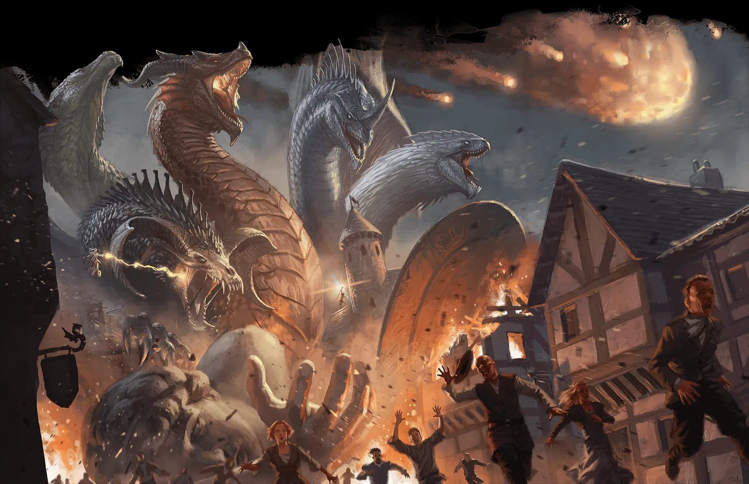 Painting of the five-headed dragon Tiamat attacking a town as a meteor falls