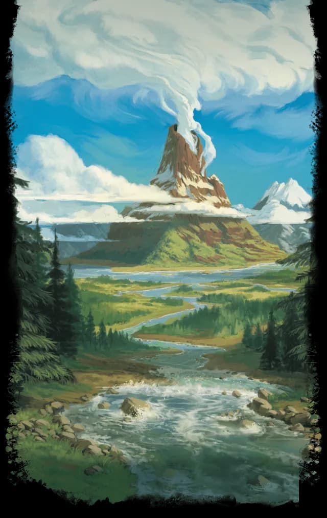 Painting of White Plume Mountain venting a plume of steam above a river valley